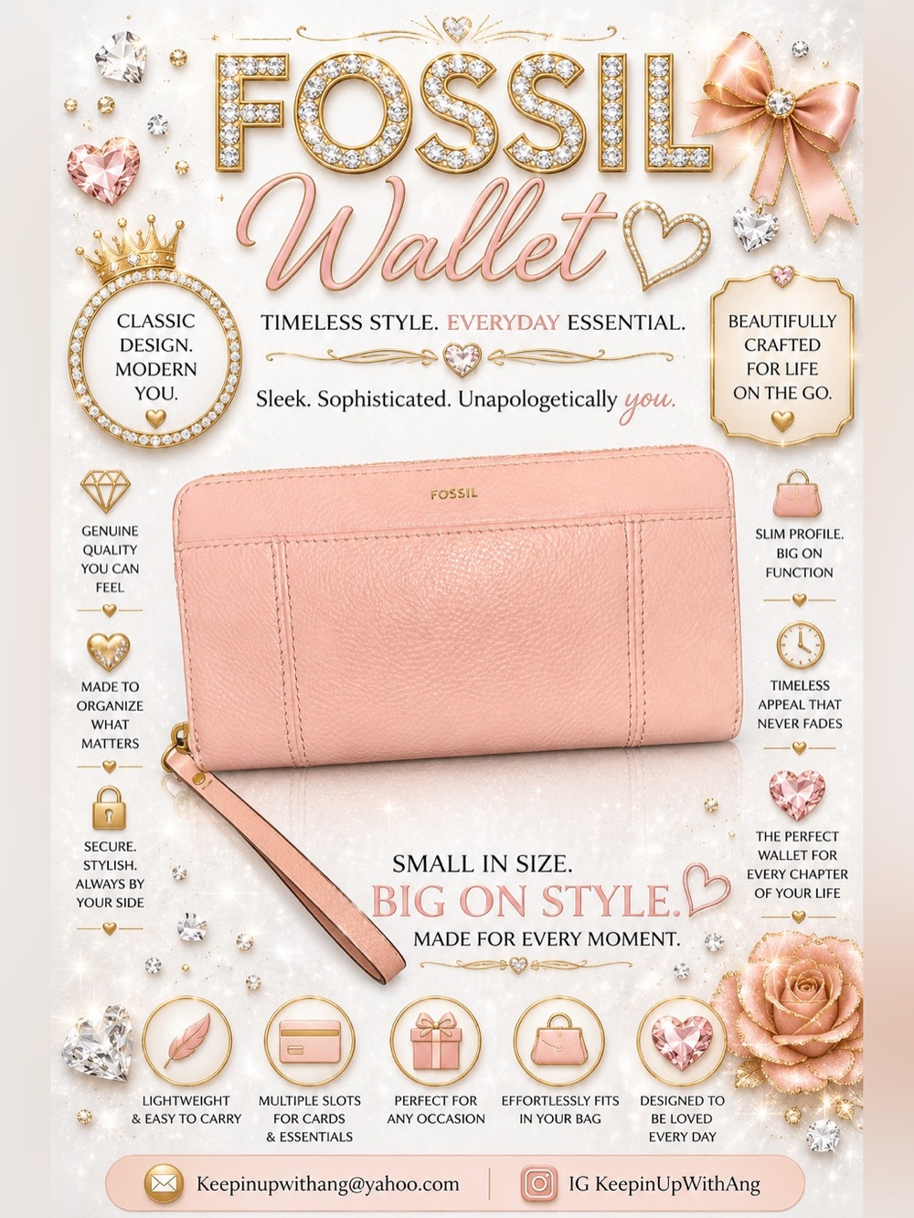 Fossil Pink Leather Zip Wristlet Wallet with Strap